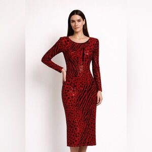 Vintage After Five 80s Red & Black Sequin Animal Print Midi Dress | M | Glam